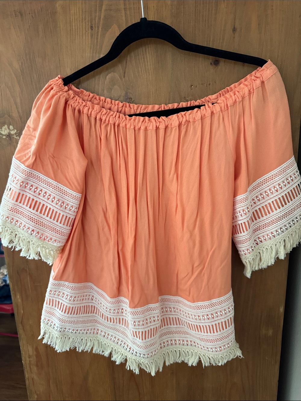Ella Moss Peach Off-Shoulder Boho Top with Crochet Trim